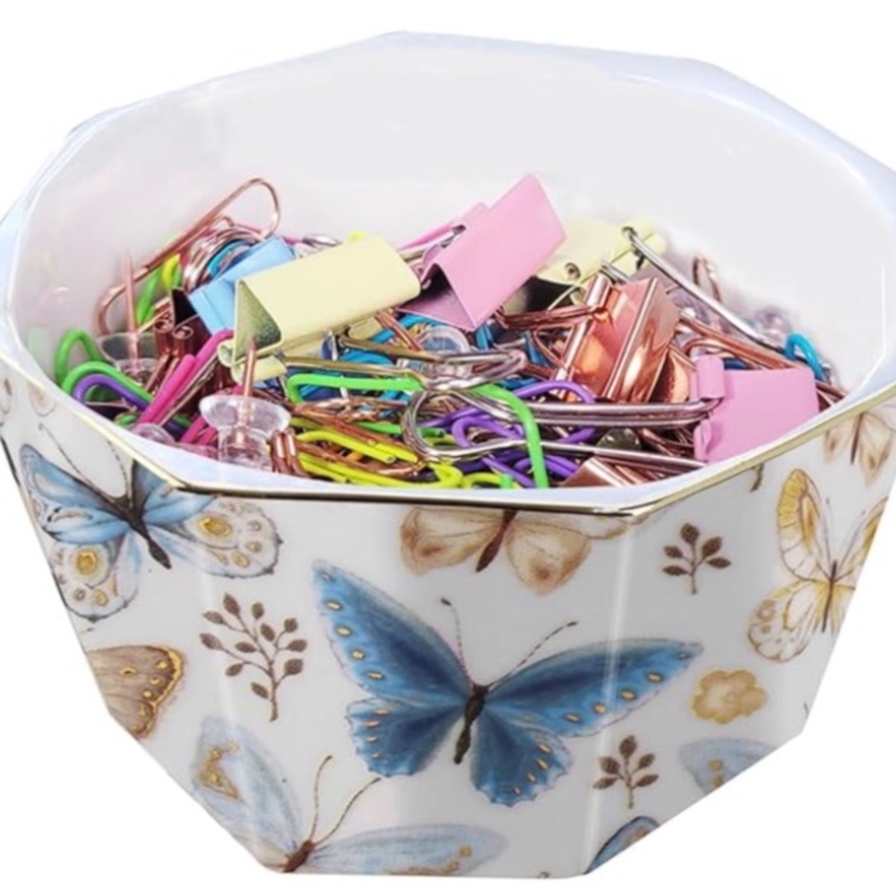 Ceramic paper clip or pin holder with butterflies and gold trim NWT - Picture 6 of 6